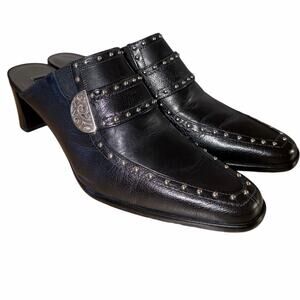 Brighton Black Leather Studded Mules Heeled Slides Size 9.5 Brazil 90s witchy